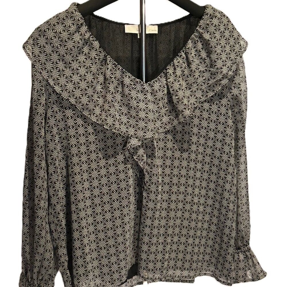 Loft Petite Medium Long Sleeve Black and White Floral Blouse